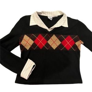 Collared Black Sweater with Tan and Red Argyle Print